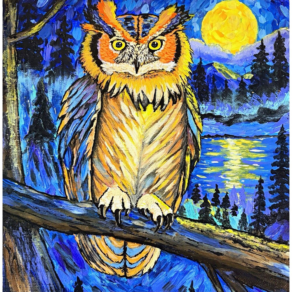 Original Owl Painting 8x8 Canvas Board Moonlit Lake Wildlife Art